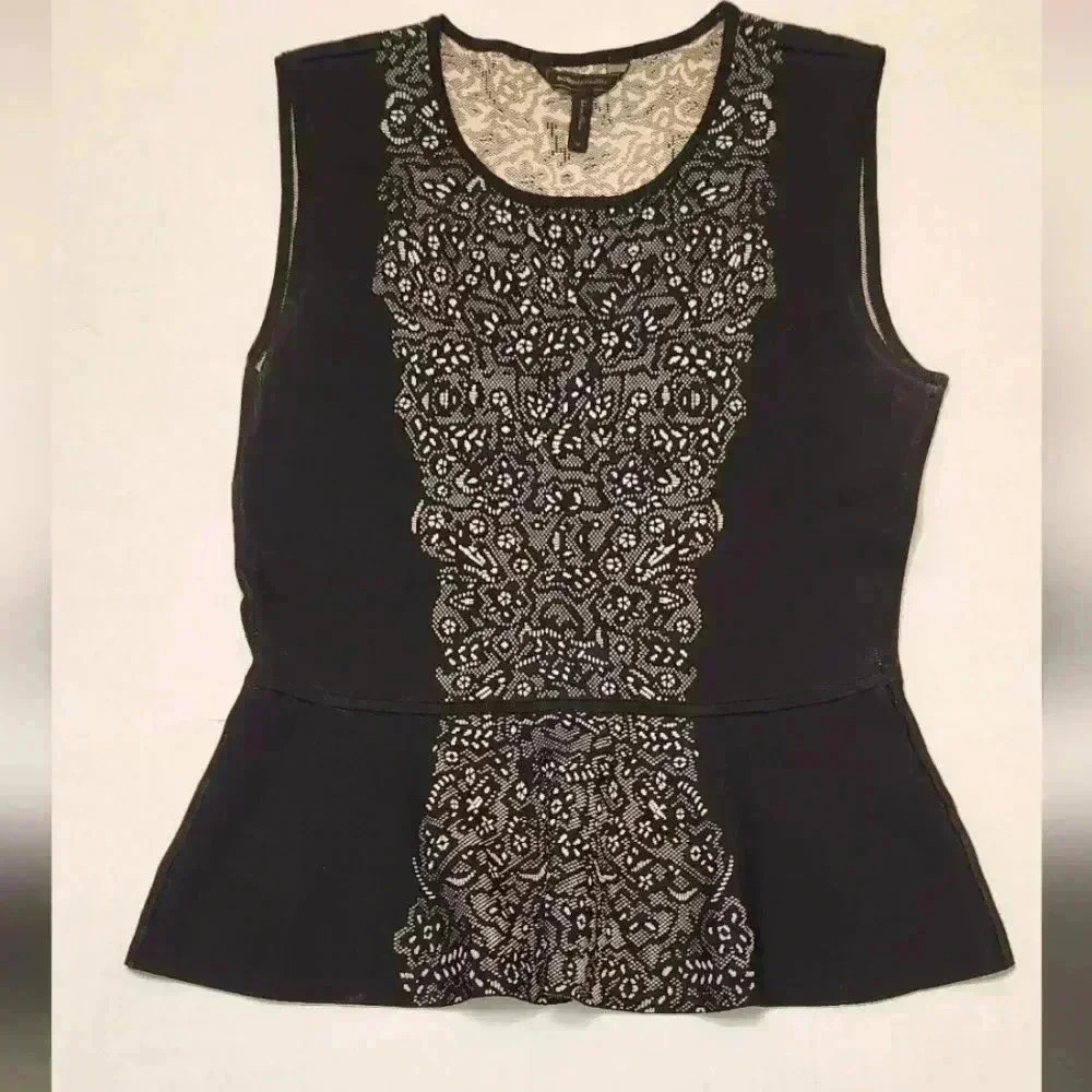 BCBGMaxazria Med Alonya Jacquard Peplum Top Black White Sleeveless R: $268